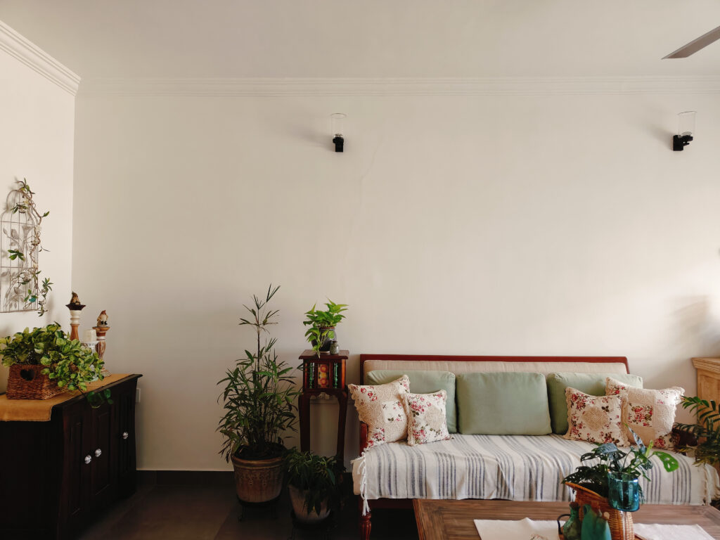 green fresh plants in living room corner with rattan chairs | Girija home tour in Kochi