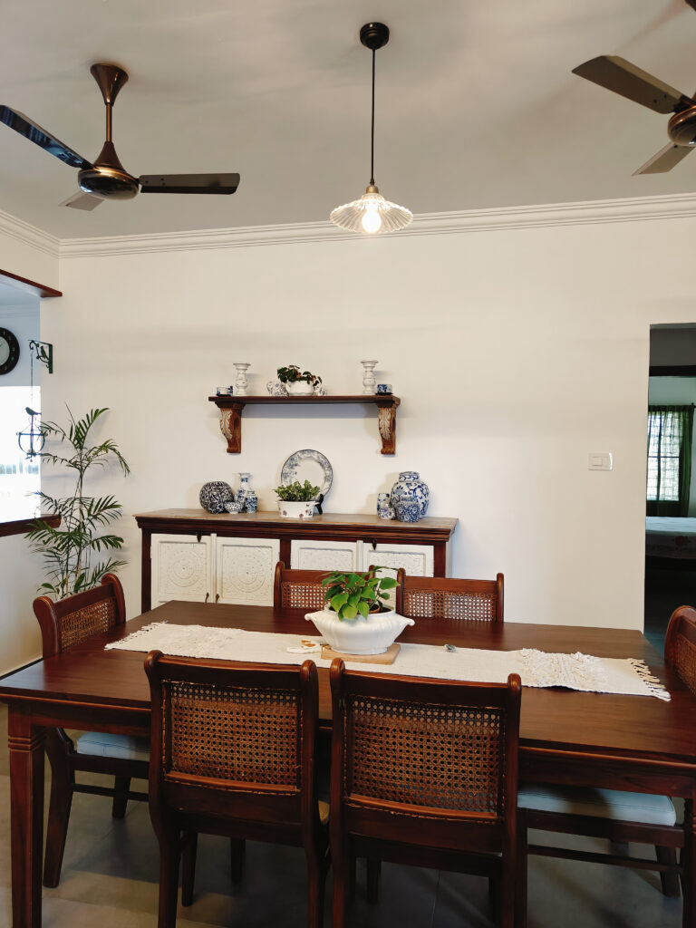 blue and white pottery collection in dining room | Girija home tour in Kochi