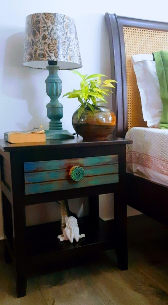 antique wooden bedside table | Girija home tour in Kochi